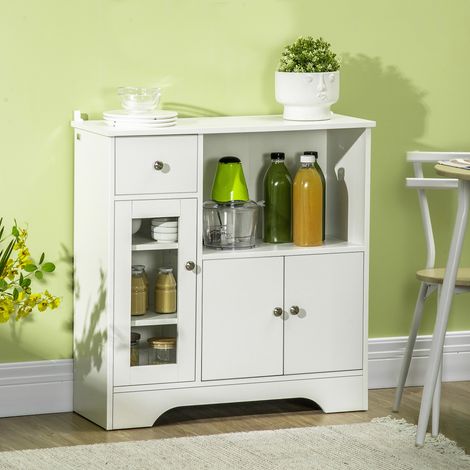 Buffet de cuisine moderne avec porte en verre, tiroir, grande niche et étagères réglables 80 x 30 x 82 cm blanc (1/5)