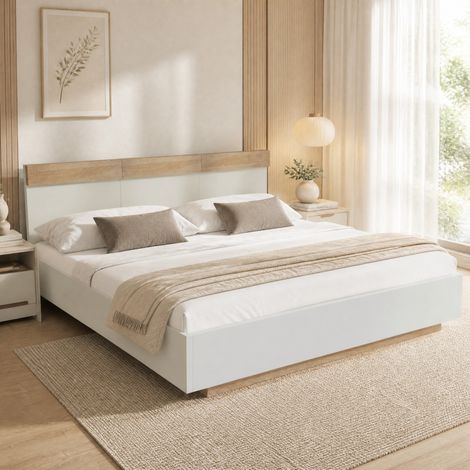 Letto matrimoniale moderno 160x200 cm effetto sospeso, legno bianco e rovere Sonoma, con testiera e rete a doghe (1/5)