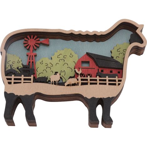 Ornement animal en bois, sculpture sur bois multicouche, découpes artisanales pour décoration murale, mouton avec lampe à piles (1/5)