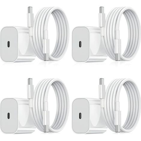Pack de 4 chargeurs et câbles PD20W pour iPhone 16 à charge rapide et iPhone 15 à charge rapide. (1/2)