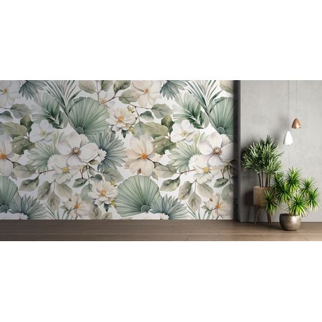 Papier peint tropical - feuillage blanc et palmes - 150 x 250 cm (1/2)