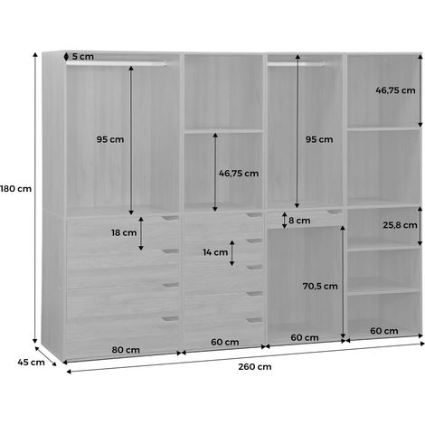 Sweeek – Kit dressing modulable 4 éléments – 2 tiroirs, 2 étagères, penderie acier inoxydable – Dimensions L 260 x P 45 x H 180cm — vue 3