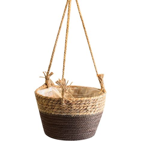 Panier Suspendu - Panier Tissé En Paille - Pour Plantes Fleurs Fruits Décoration Intérieure - Diamètre 20 Cm Profondeur 13 Cm Hauteur Totale 50 Cm - 1 Pièce (1/5)
