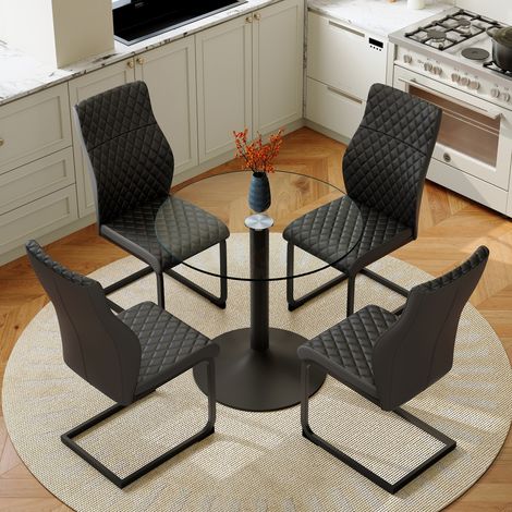 Conjunto de Mesa y 4 Sillas de Comedor, Vidrio Templado y PU, Respaldo Alto Acolchado, Negro (1/5)