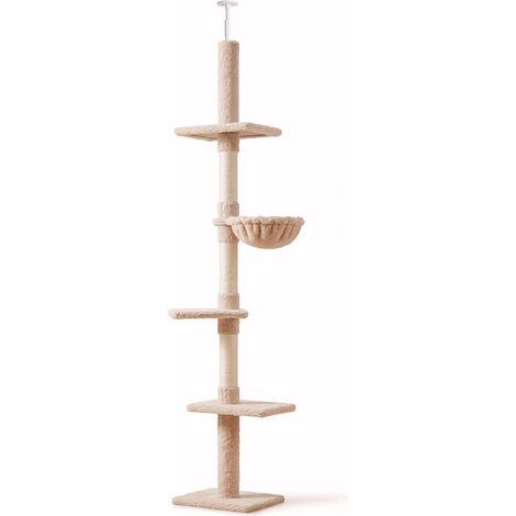 Arbre à chat mural sol-plafond poteau à griffer beige 40x34x230-260 cm 5 étages d'activités (1/5)