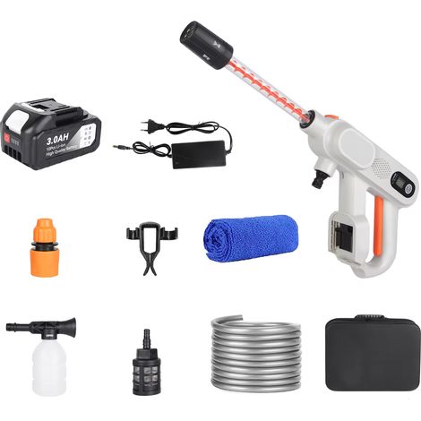 Pistolet haute pression pour lavage auto (usage domestique) avec buse, nettoyeur universel, modes de pulvérisation réglables, idéal pour l'arrosage du jardin et le lavage des voitures (1 batterie)