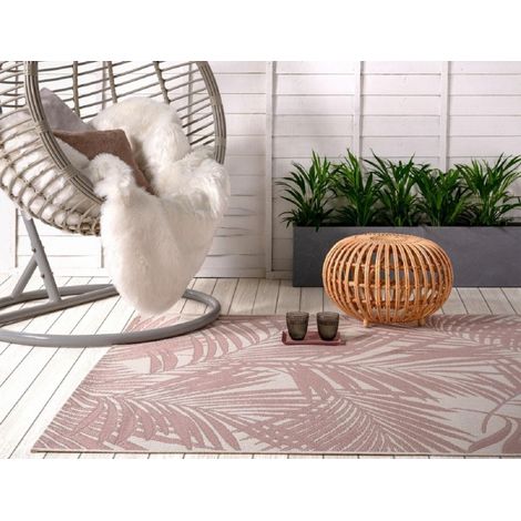 Patio Palm Botanical Leaf Flatweave Kitchen Indoor Garden Outdoor Rug Pink Beige X-Large Carpet Floor Mat 200 x 290 cm (6'7"x9'6")