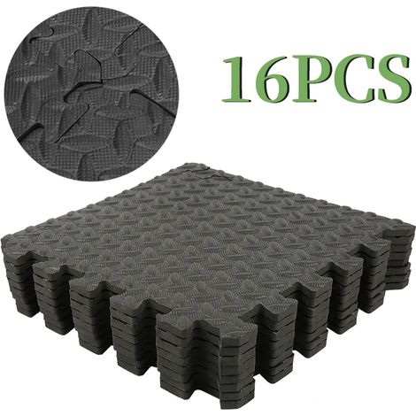 Lot de 16 tapis de protection en EVA, motif feuilles, noir, 30 x 30 cm, pour le fitness et l'entraînement. (1/5)