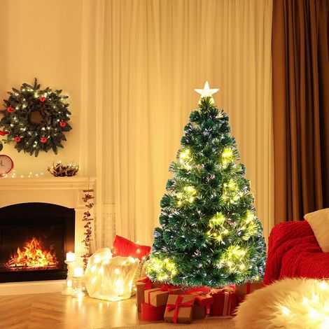 COSTWAY Sapin de Noël Artificiel à Fibre Optique de 120 cm, Guirlande Lumineuse, 18 Lumières Blanches Chaudes, 130 Pointes de Branches, Etoile Supérieure, Support en Métal, pour Maison, Bureau (1/5)