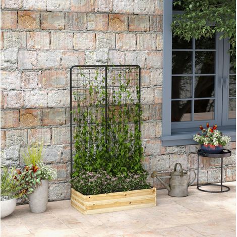 Bac potager surélevé avec treillis, 80 x 38 x 145 cm, en bois naturel et acier laqué HAVRYA (1/5)