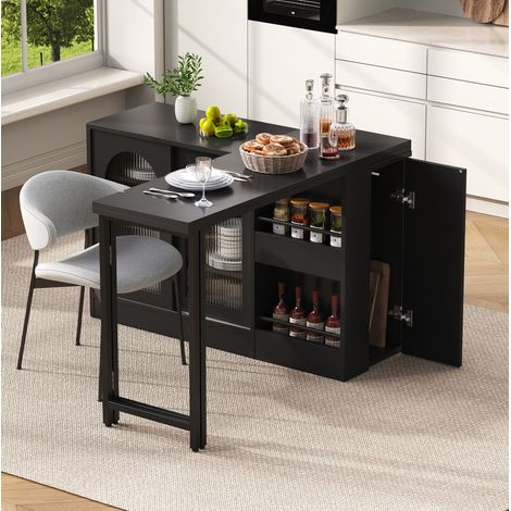 Moderner Bartisch, Ausziehbar 360° Drehbare Bartisch Mit Stauraum, Reversibel Tisch Sideboard Bar Mit Glasschranktür, Bar Tisch Für Küche Kaffeebar Möbel, Schwarz (1/5)