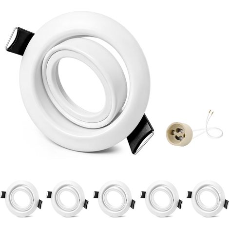 6x Cadre Spot Encastrable GU10 Blanc, Orientable 45°, Cadre en Fer, Découpe 68-75mm, Ø87mm Plat, Douille GU10 Céramique 230V, IP20, sans Ampoule (1/5)