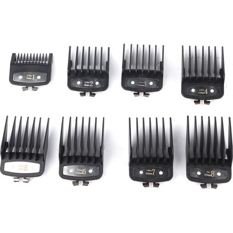Kit tondeuse cheveux électrique avec peignes limiteurs, calibre de coupe progressif, peignes ronds fins noirs (1/5)