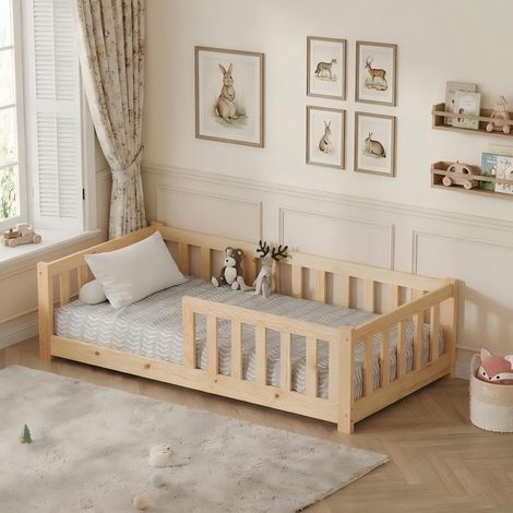 FURNITURE HMD Natural Pine Wood Toddler Floor Bed Kids Bed Frame with Safety Guardrails,Low to Floor Montessori Bed for Boys Girls, Fits 80x160cm Mattress,165×85.5×45cm (1/5)