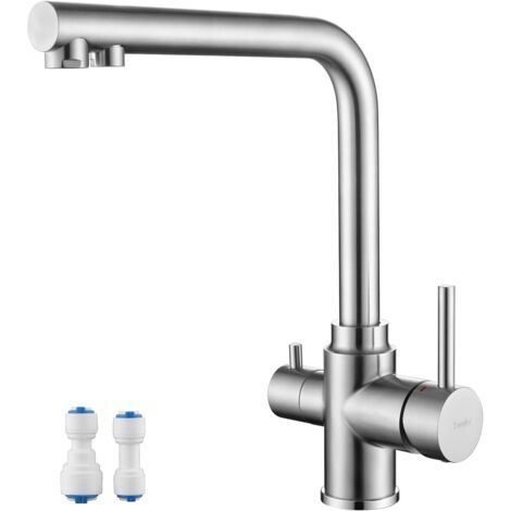 Robinet de Cuisine 3 Voies, Mitigeur Évier avec Deux Sorties D'eau Rotatif à 360°, Robinetterie D'eau Potable à 2 Poignées, Acier Inoxydable, Brossé (1/5)