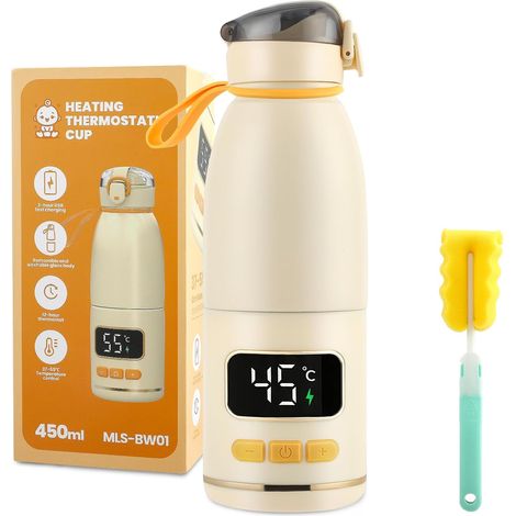 Chauffe Biberon Nomade sans Fil pour Lait Maternel, Chauffage Rapide Lait & Eau, 24h Thermos, Température Réglable 37-55°C, Chauffe-Biberon Portable pour Voyage, 450mL Type-C Rechargeable (1/5)