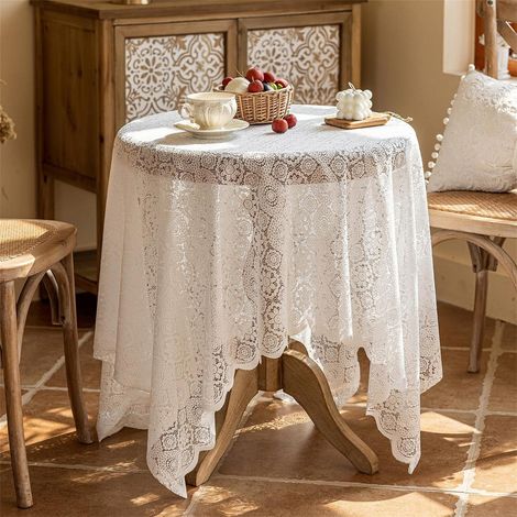 Nappe ronde 140cm Blanc Vintage brodée florale pour mariage fête banquet