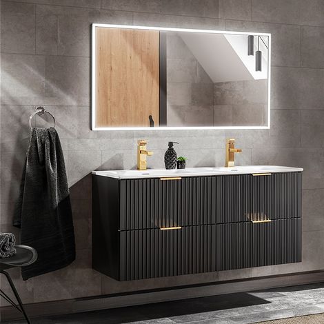 Badezimmermöbel Set, matt schwarz Rillenoptik, 120cm Waschtisch mit Unterschrank, Keramik Waschbecken, LED-Spiegel, B/H/T 123/200/46 cm (1/5)