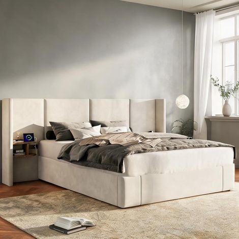 Cadre de lit beige en velours 200 x 266 x 109 cm (1/5)