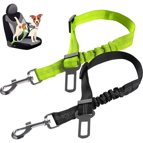 2 Pièces Ceinture Chien Voiture, Harnais Chien Universel Laisse pour Voiture avec Absorption de Chocs Clip de Harnais pour Animaux de Compagnie Accessoire pour Chats et Chiens (Noir, Vert) (1/5)