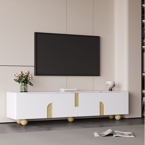 Meuble TV 180 cm 4 portes, effet marbre, MDF et panneau de particules blanc DESVIAE (1/5)