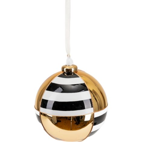 Pallina in vetro colore nero e oro a fasce per albero di Natale -Ø 8 cm