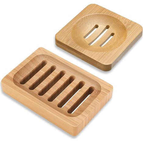 Porte Savon en Bambou, 2 Pièce Boite a Savon avec Évacuation Design Douche Porte Savon Salle de Bain Cuisine Éponges Accessoires de Rangement (1/5)
