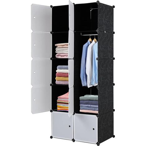 Armoire de Rangement Noir et Blanc 10 Cubes 70x45x177cm avec Tige Suspendue - Portable pour Vêtements et Accessoires (1/4)