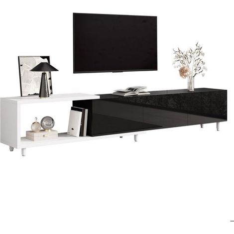 Meuble tv rangement 3 portes brillantes pieds en métal charnières silencieuses format extensible (1/5)
