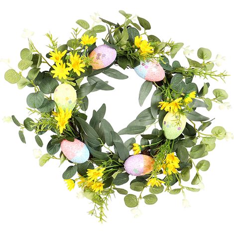 Osterkranz mit dekorativen Eiern und künstlichen Blumen für die Haustür (1/5)