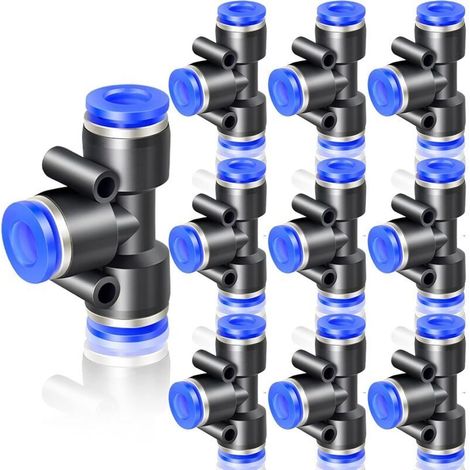 10 raccords en T à 3 voies bleus de 8 mm de diamètre extérieur (PE-8) (1/4)