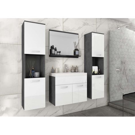 Deco In Paris – Ensemble de meubles salle de bain suspendu XL – 2 armoires murales 5 compartiments – Miroir design – Gris foncé et blanc (1/5)