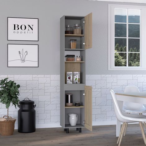 Tuhome Concept – Colonne de rangement cuisine 208,4 cm – 6 étagères – Gris rovere – Pour pots et ustensiles – Idéale pour espaces réduits (1/4)