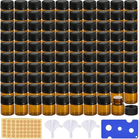 Mini Bouteilles pour Huiles Essentielles : 100 Pièces Bouteilles en Verre Brun Flacons Vides avec Autocollants, Entonnoir Et Décapsuleur, Pour Aromathérapie Et Massages (1 ml Marron) (1/5)