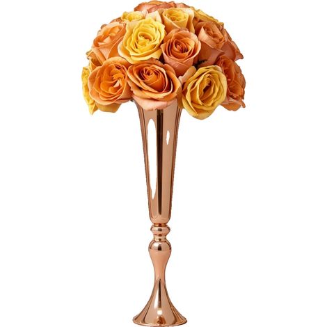 Jarrón alto para flores, fabricado en hierro con acabado dorado, altura: 56,5 cm, tamaño del paquete: 35x35x24 cm, peso: 6,5 kg (1/5)