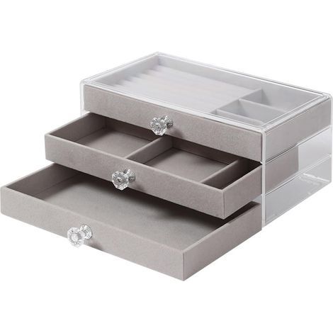 Boîte à bijoux pour femme, en acrylique, à 3 compartiments, doublure en velours, réglable, pour ranger colliers, bagues et bracelets (gris) (1/5)