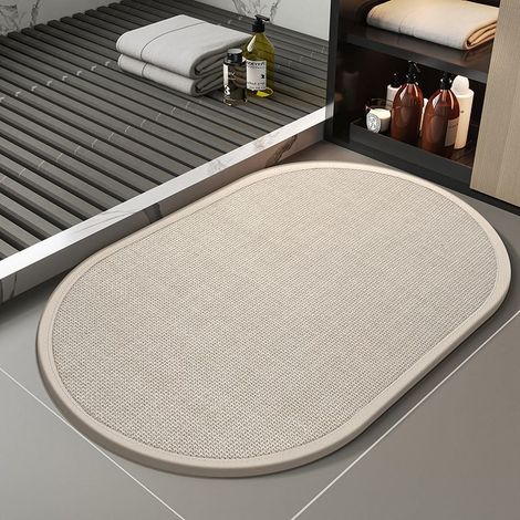 Tapis de sol en lin et terre de diatomée – Absorbant, antidérapant et séchage rapide pour salle de bain, toilettes ou entrée – Style minimaliste, forme ovale, couleur sable beige (40 x 60 cm)-lsw