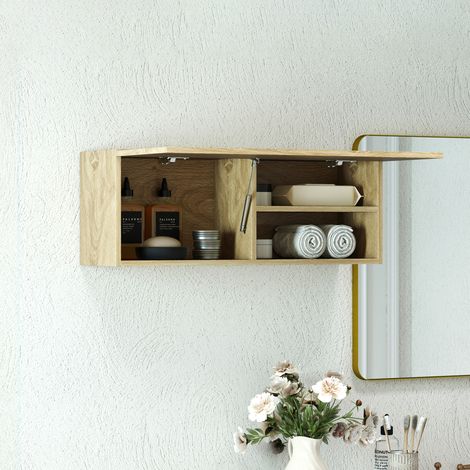 Meuble de salle de bain avec porte abattante et étagères, 80 x 25 x 30 cm, bois naturel (1/5)