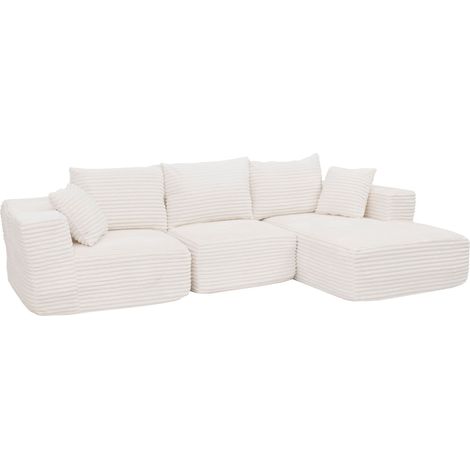 Set divani sofà HHG-934, divano a 3 posti lounge, stoffa/tessuto a coste (370 g/m²) penisola a sinistra, bianco (1/5)