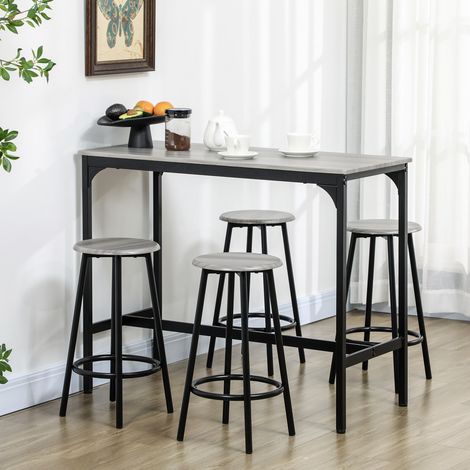 Bartisch-Set aus MDF in Grau, 110 x 50 x 89,5 cm, 5-teilig mit 4 Barhockern und schwarzem Metallgestell (1/5)