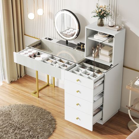 Pour chambre ou dressing, coiffeuse blanche avec miroir LED pour maquillage, façade ondulée et pieds dorés (1/5)