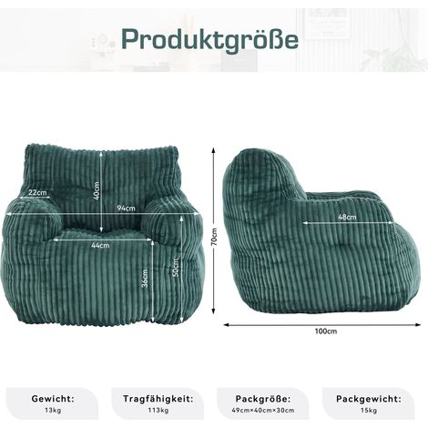 Coussin de sol moelleux en velours côtelé vert, housse amovible, rembourrage en mousse douce
