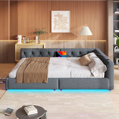 Cadre de lit 140x200 cm gris – tête de lit, LED d'ambiance, USB-C, sans matelas (1/5)