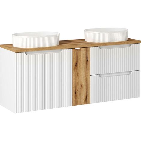 Doppelwaschtisch 140cm mit Keramikwaschbecken, weiß und Eiche, NEWPORT-56-WHITE (1/5)