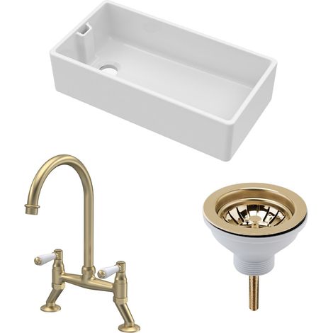 Fireclay Kitchen Bundle 1 Bowl Belfast Sink with Strainer Waste & Bridge Lever Mixer Tap, 895mm Brushed Brass (1/5)