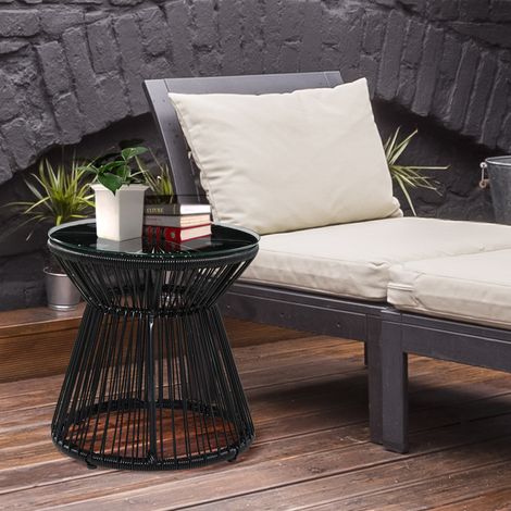 Table de Jardin Ronde Bistrot en Résine Tressée Imitation Rotin - Métal, Plateau Verre Trempé, Ø40x42cm, Noir