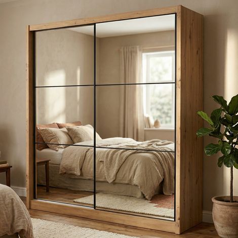 Großer Godrano Kleiderschrank, Schlafzimmer Schrank, 5 Einlegeböden, Schiebetüren, 213x215,5 cm, Eichenholz Braun (1/5)
