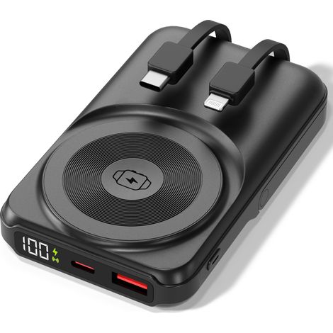 VIESTA® ALL-IN-ONE Power Bank 10.000 mAh Nero – ricarica rapida 22,5W, PD20W, ricarica wireless 15W, caricatore Apple Watch, cavi integrati (USB-C e Lightning), display LED, supporto in alluminio (1/5)