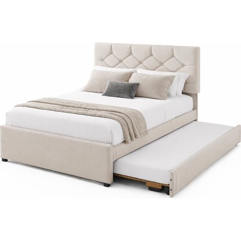 Lit capitonné 140x200 cm avec lit gigogne réversible, sommier à lattes, velours beige, sans matelas, design minimaliste pour chambre adulte – CHICFURN (1/5)
