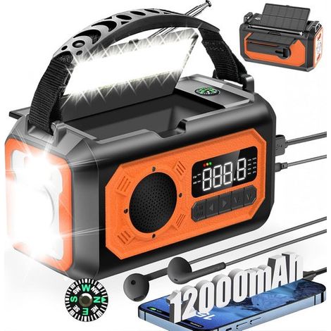 Adatto per radio di emergenza 12000mAh 2 pannelli solari Manovella portatile AM/FM 3 metodi di ricarica USB SOS Torcia a LED Caricabatterie per telefono Bussola Jack Arancione (1/5)
